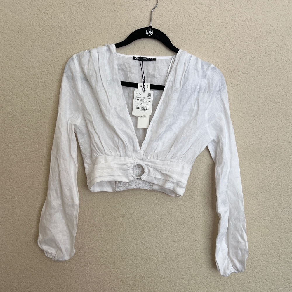 Zara Womens White 100% Linen Long Sleeve Deep V Crop Top Medium